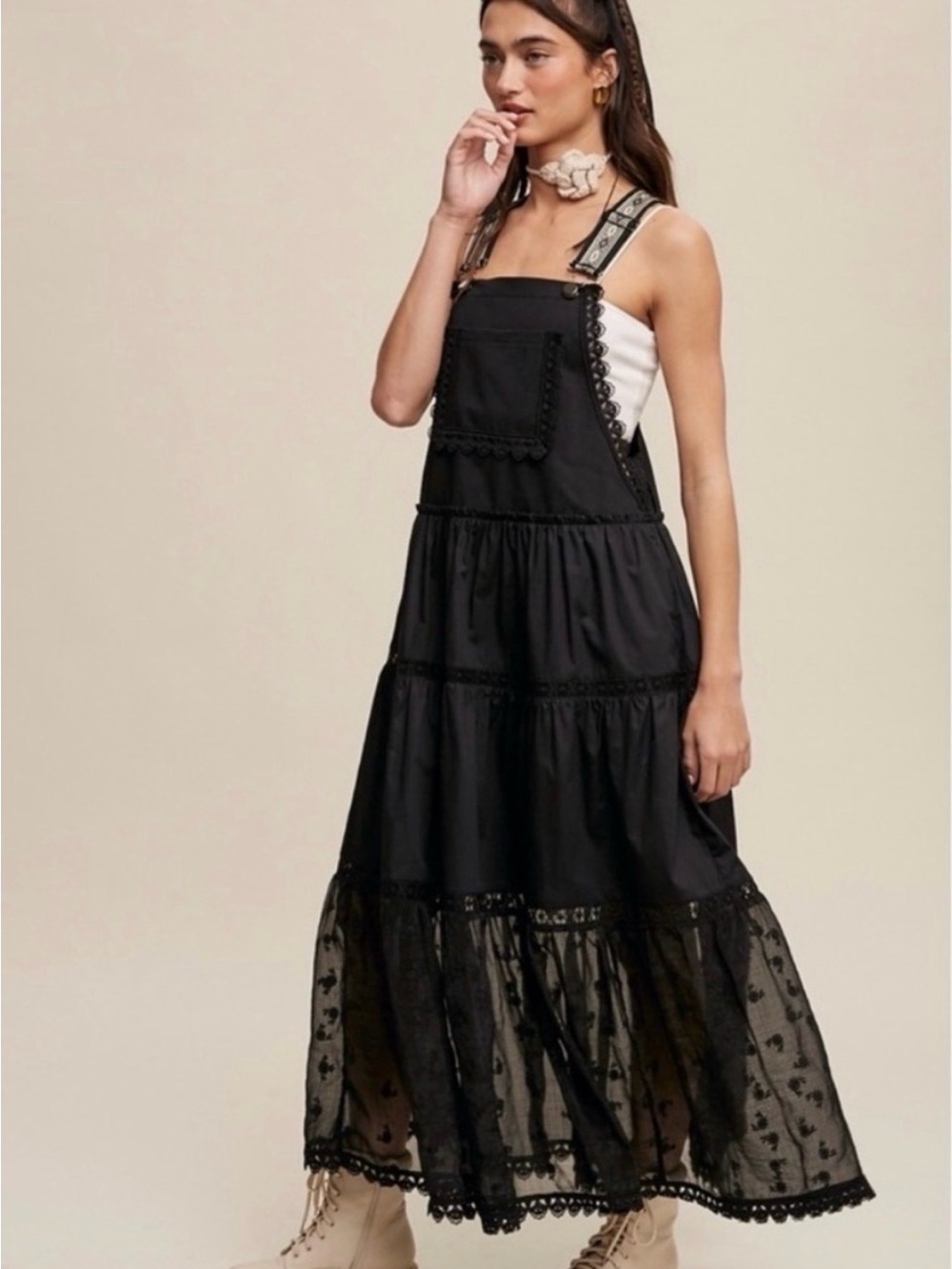 New Listicle Black Tiered Overalls Maxi Dress with Embroidered Straps